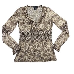 INC International Concepts Sz S Vintage Y2K‎ Brown Floral Sheer Fairycore Blouse